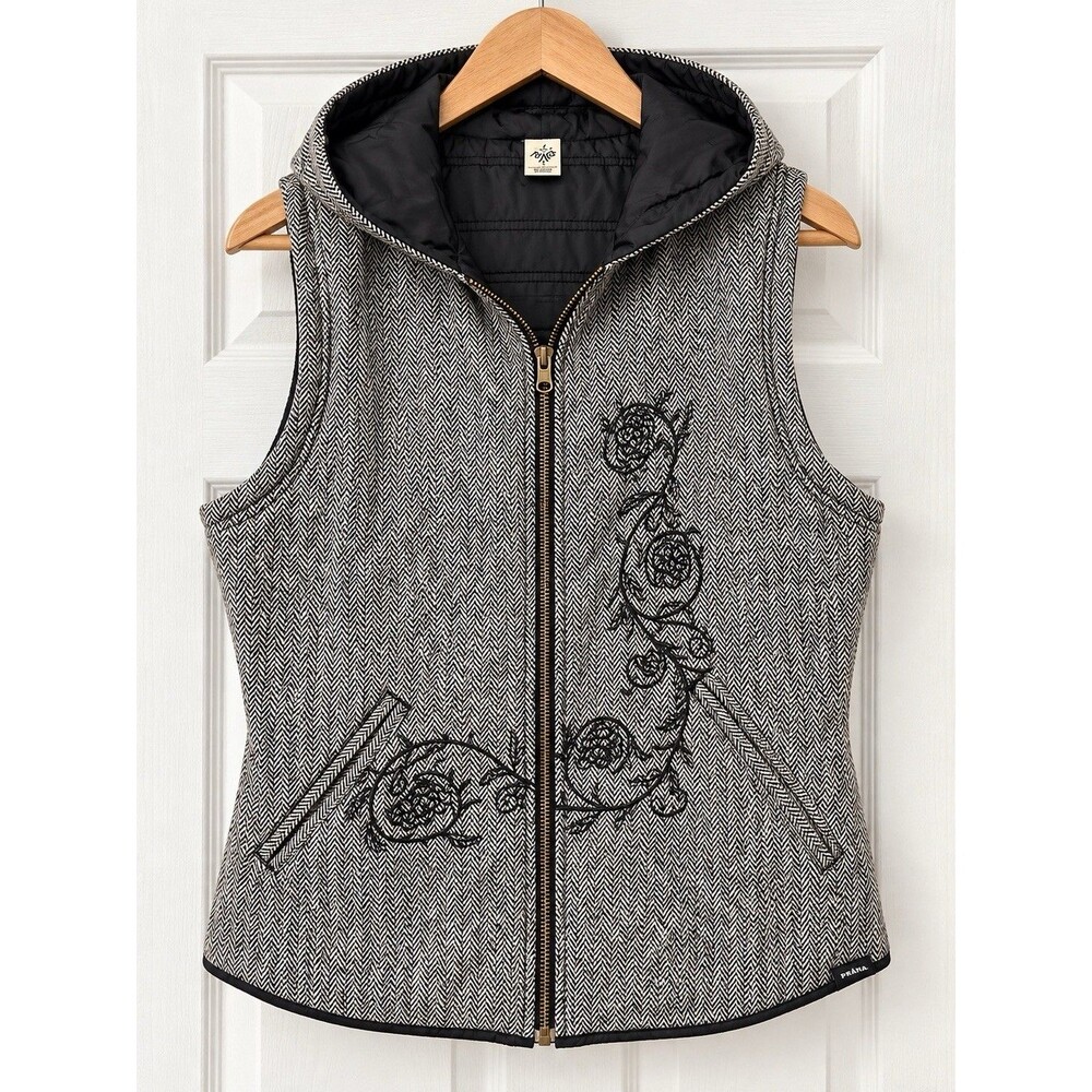 PrAna Women’s Large Herringbone Hooded Vest Floral Embroidered Boho Outdoor